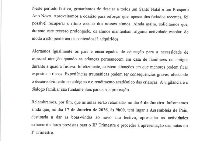  NOTA DA DIRECÇÃO DA ESCOLA